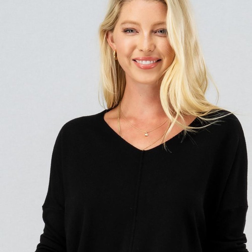 Hi-Lo V Neck Front Seam Black Sweater